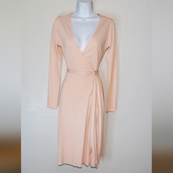 Guess Jeans Light Pink Long Sleeve True Classic Wrap Around Midi Dress Sz Small - Picture 1 of 6